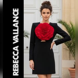Rebecca Vallance Rhosen Mini Black Dress With Red Floral Applique Design
